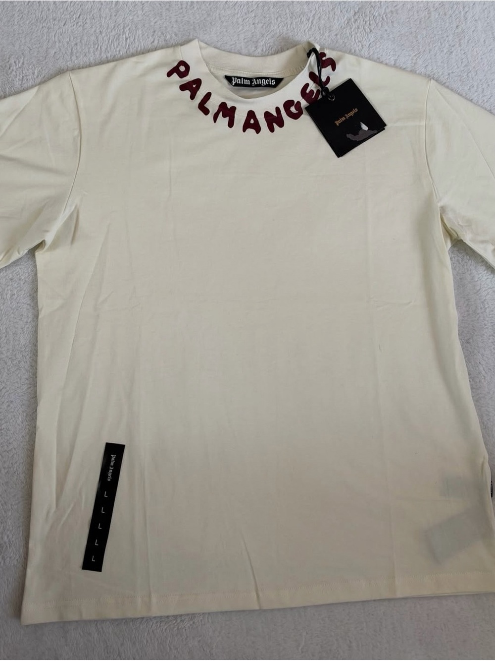 Palm Angels Cream Short Sleeve T-Shirt with Burgundy Neck Logo